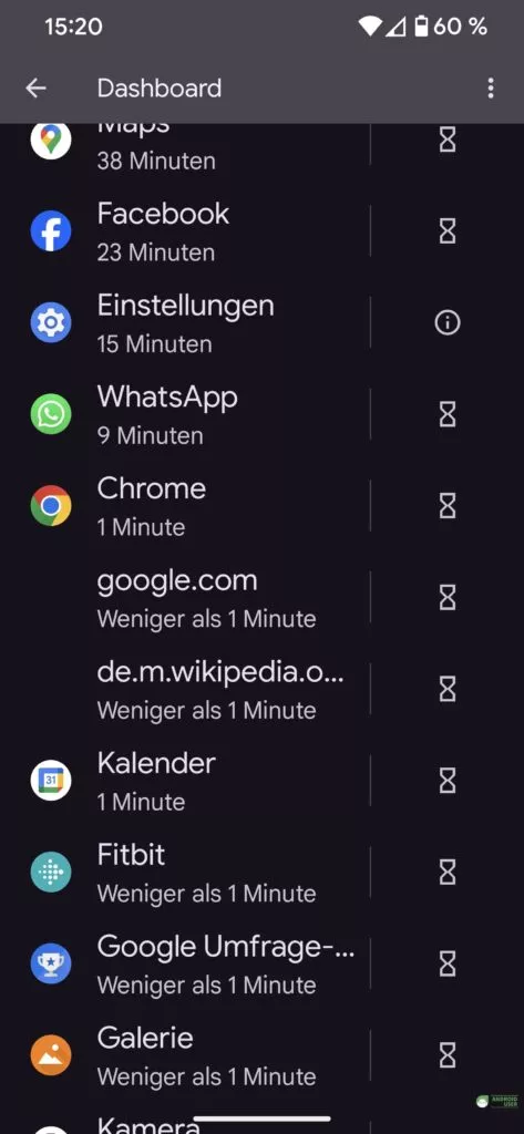 Alle Apps und besuchten Webseiten werden angezeigt