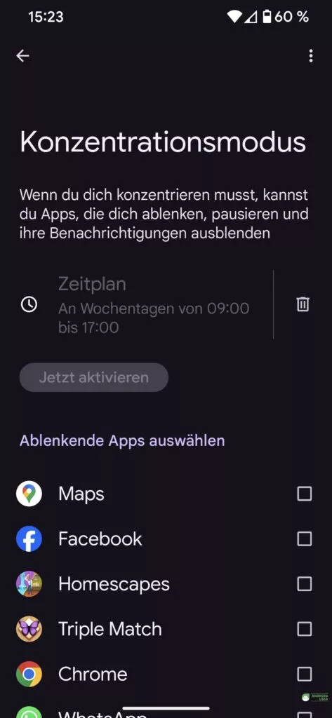 Konzentrationsmodus in Digital Wellbeing