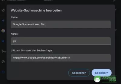 Google Web Suche als Standard festlegen