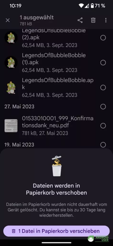 Datei in den Android Papierkorb verschieben