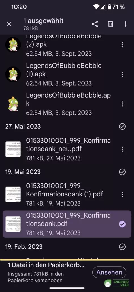 Dokument suchen, das in den Android Papierkorb verschoben werden soll