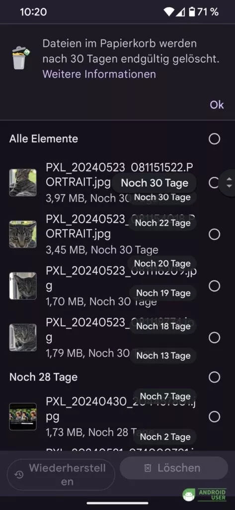 Dateien im Android Papierkorb mit der noch verbleibenden Zeit