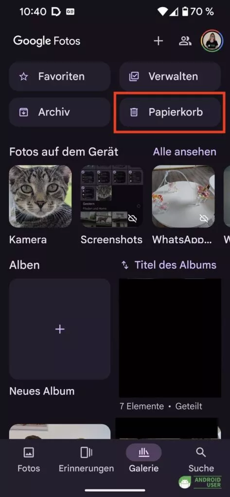 Android Papierkorb in Google Fotos