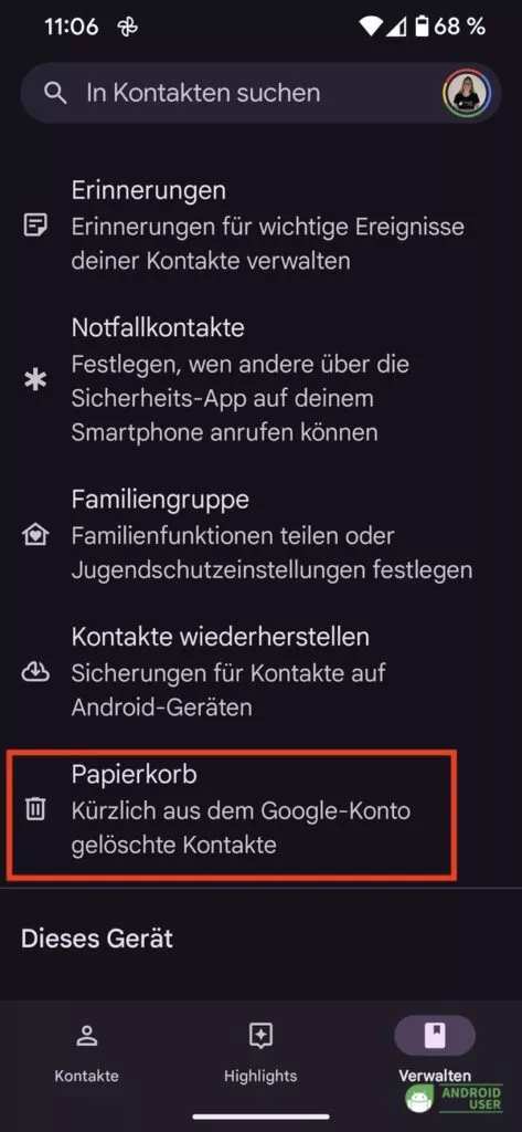 Android Papierkorb in Google Kontakte App