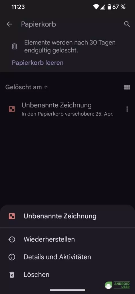 Android Papierkorb Element manuell löschen