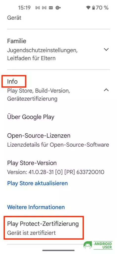 Info mit Play Protect Zertifizierung
