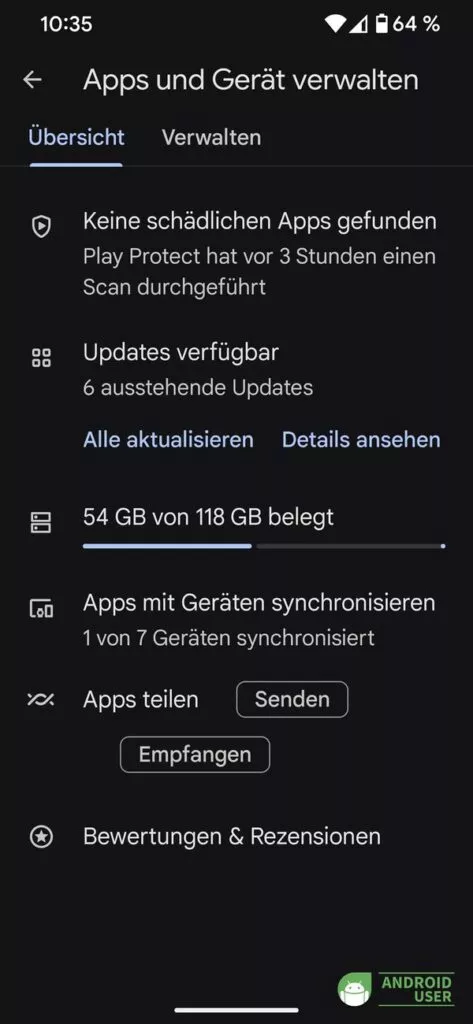 In Apps und Gerät verwalten wird angezeigt, dass keine schädlichen Apps gefunden wurden