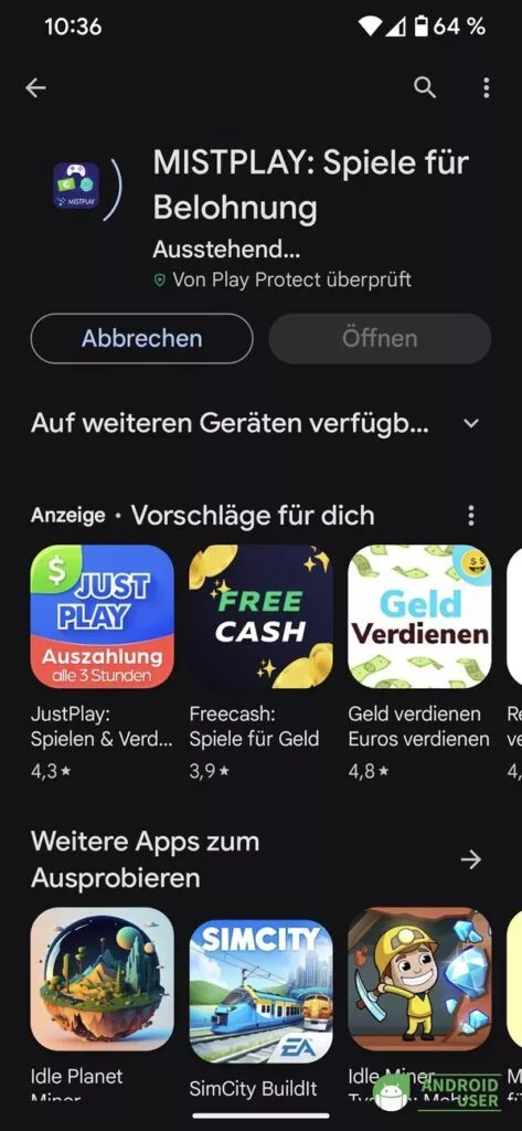 Während des Downloads wird angezeigt, dass die App Play Protect geprüft ist