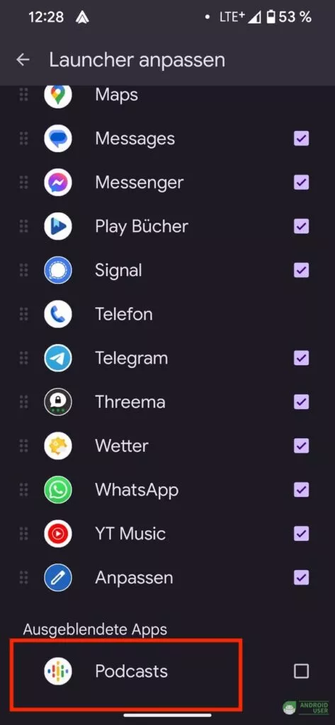 Apps in Android Auto ausblenden