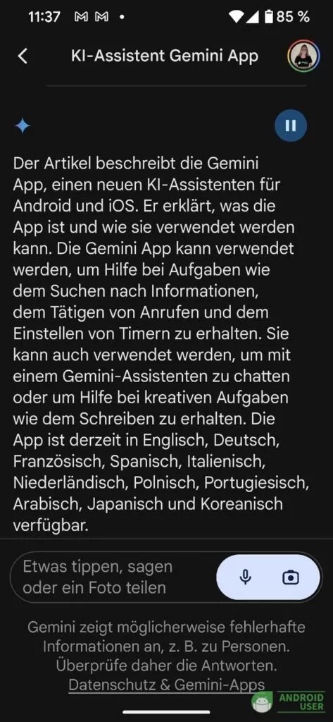 Gemini App fasst den Artikel zusammen