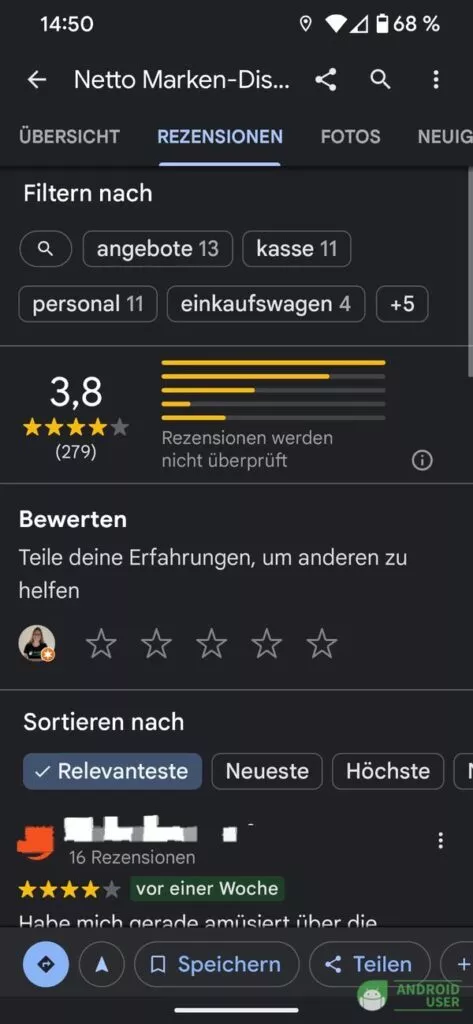 Tippe in Google Maps auf die Sterne, um eine Rezension zu verfassen