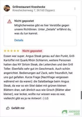 Eine Bewertung, welche nach längerer Zeit entfernt wurde