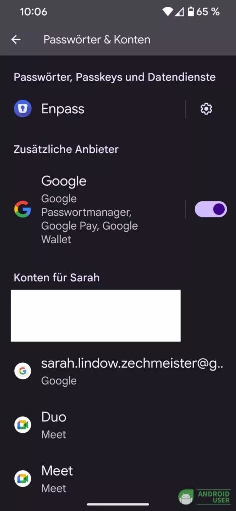 In Passwörter und Konten findest du dein Google Konto