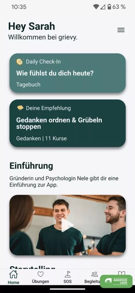 Startseite der grievy App