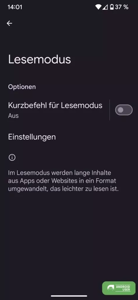 Kurzbefehl für Lesemodus aktivieren