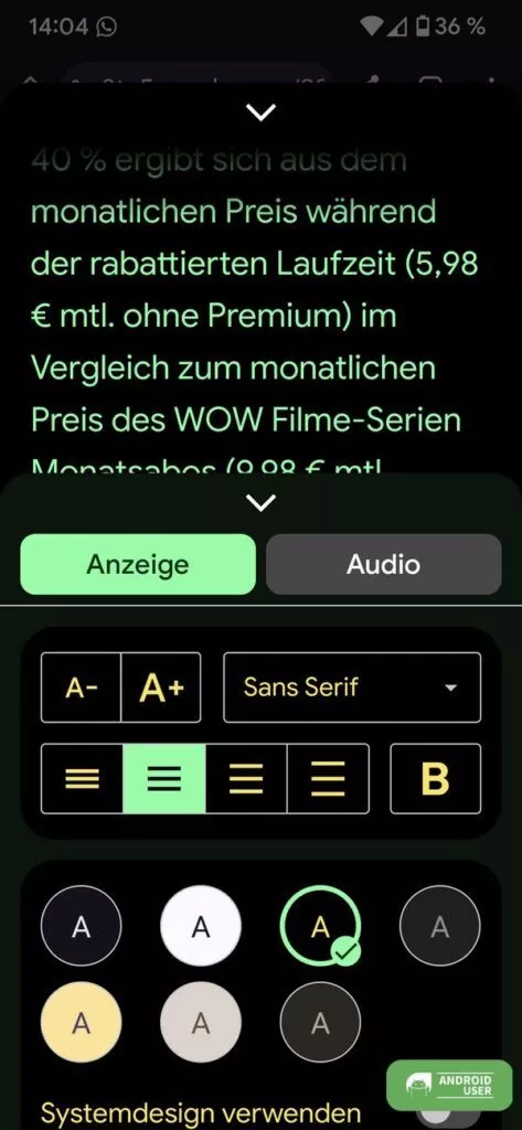 Schriftfarbe, Größe und Kontrast lassen sich ändern