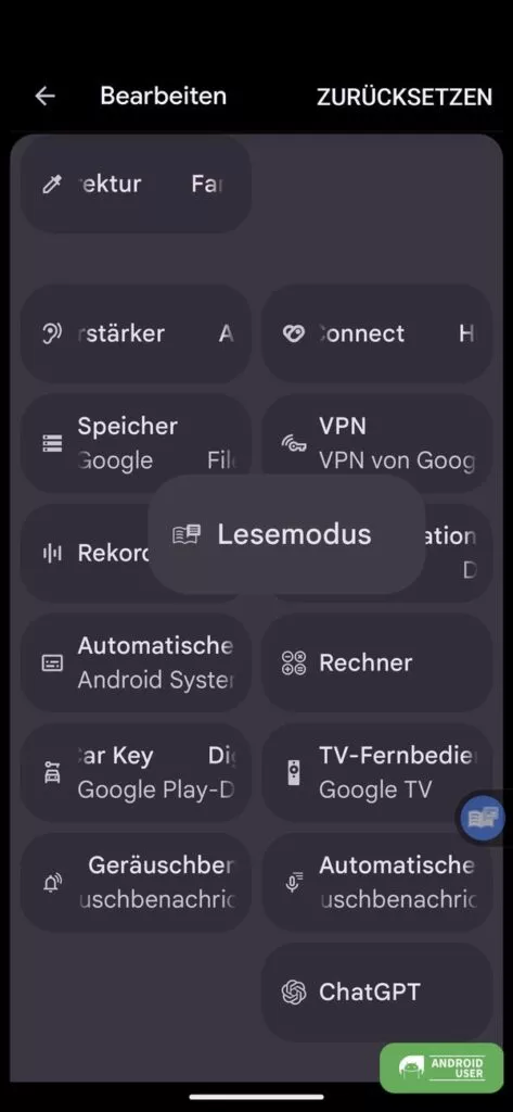 Lesemodus kann auch über Schnelleinstellungen aktiviert werden