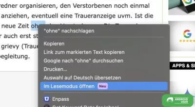 Text in Chrome im Lesemodus öffnen