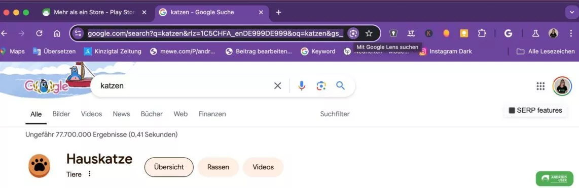 Chrome Beta 128 für Mac, Lens Button in der Adressleiste