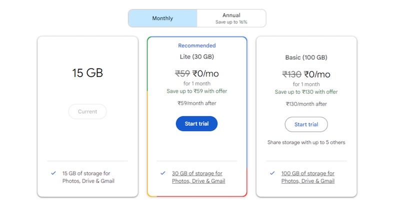 Google One Lite Plan in Indien