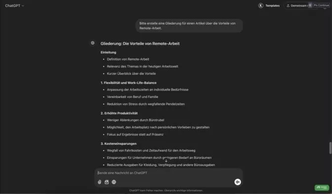 ChatGPT erstellt eine Gliederung
