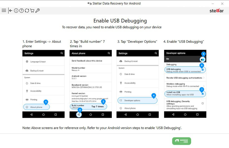 USB-Debugging aktivieren, Stellar weißt darauf hin