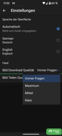 Upload Qualität in den Einstellungen