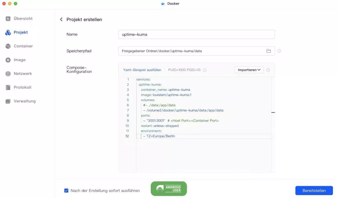Projekt erstellen und Yaml-Konfiguration einfügen.