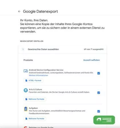 Google Takeout, Google Datenexport