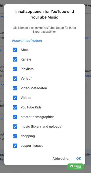 Daten in Google Takout auswählen
