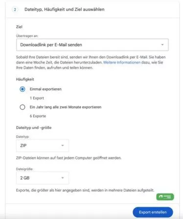 Google Datenexport Ziel auswählen
