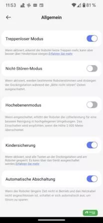 Allgemeine Einstellungen in der Narwal Freo App
