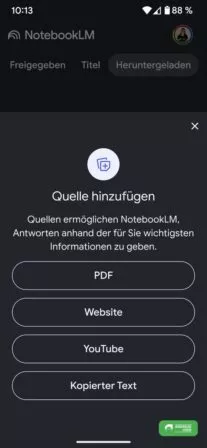 Wähle die Quelle für dein NotebookLM aus