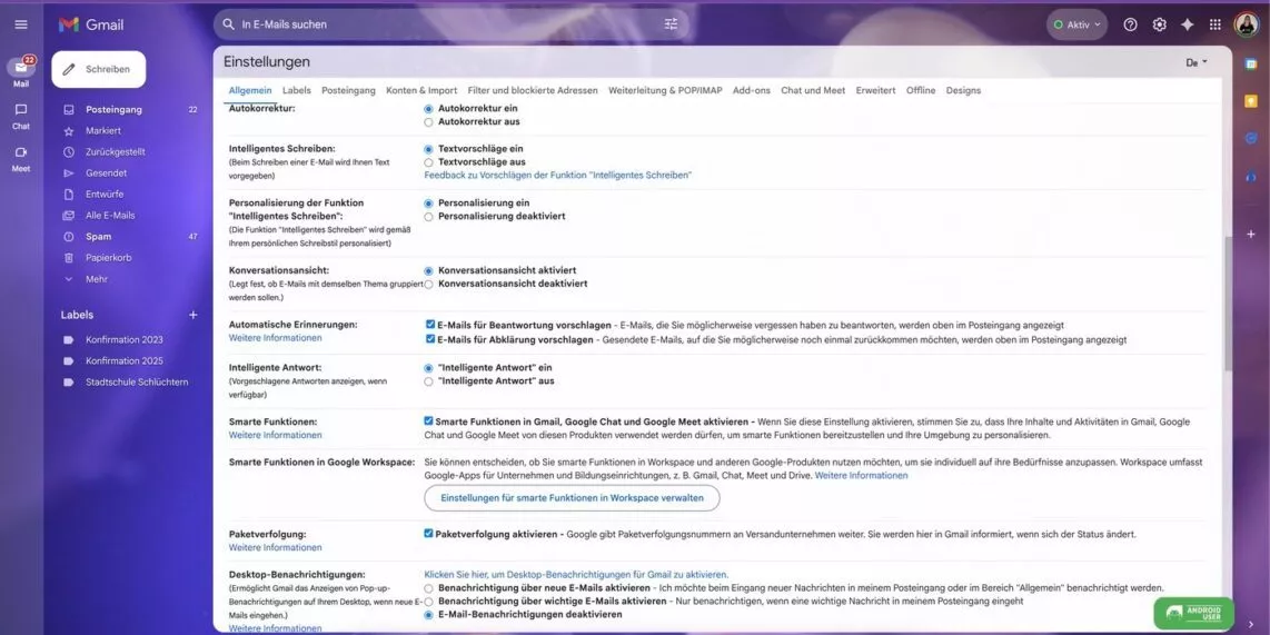Smarte Funktionen für Google Workspace und andere Google Produkte aktivieren