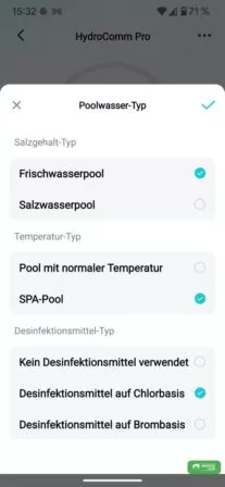 Du gibst den Poolwasser Typ an, damit der Aiper HydroComm Pro alle Infos hat