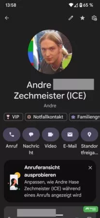 Anruferansicht in der Google Kontakte App