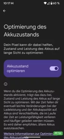 Die Funktion Akkuzustand optimieren lässt sich auf dem Pixel 10 nicht mehr abschalten