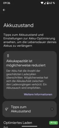 Akkuzustand Warnung auf dem Pixel 7 Pro
