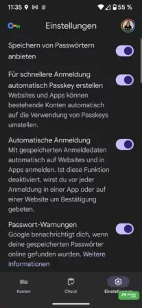 Einstellungen im Google Passwortmanager
