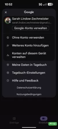Über dein Profilbild gelangst du zu den Einstellungen der Tagebuch App
