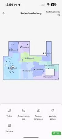 Du kannst Zimmer neu benennen, teilen und verwalten mit dem Saugroboter