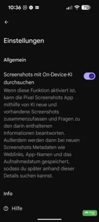 Einstellungen der Screenshots App