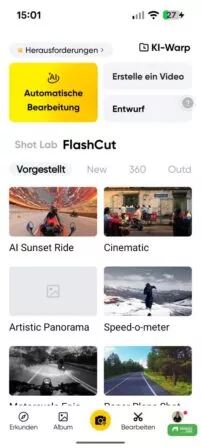 Bearbeitungsmöglichkeiten über die Insta360 App von mit dem Gimbal erstellen Bildern und Videos