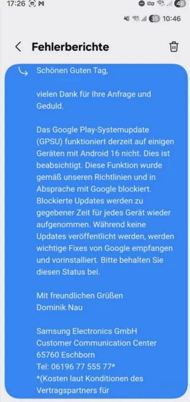 Samsung Problem erhält kein Google Play System Update Android 16 One UI 8
