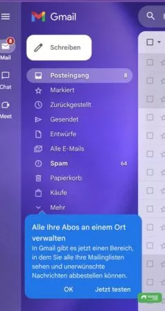 Gmail, Abos verwalten im Web verfügbar