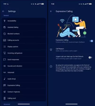 Einstellung Expressive Calling in der Telefon App von Google