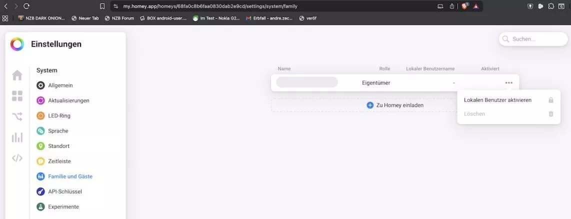 Einstellungen für lokalen Benutzer