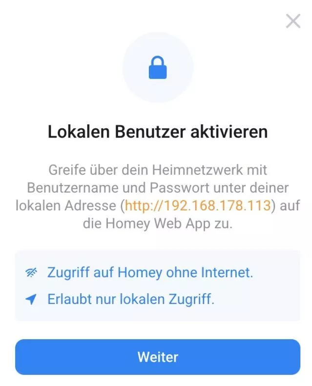 Homey lokalen Benutzer aktivieren