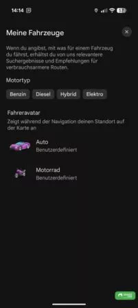 Meine Fahrzeuge in Google Maps, Auswahl Avatar
