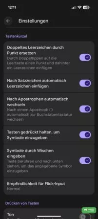 Gboard mit neuer Einstellung, nach Apostroph zur Buchstabentastatur wechseln